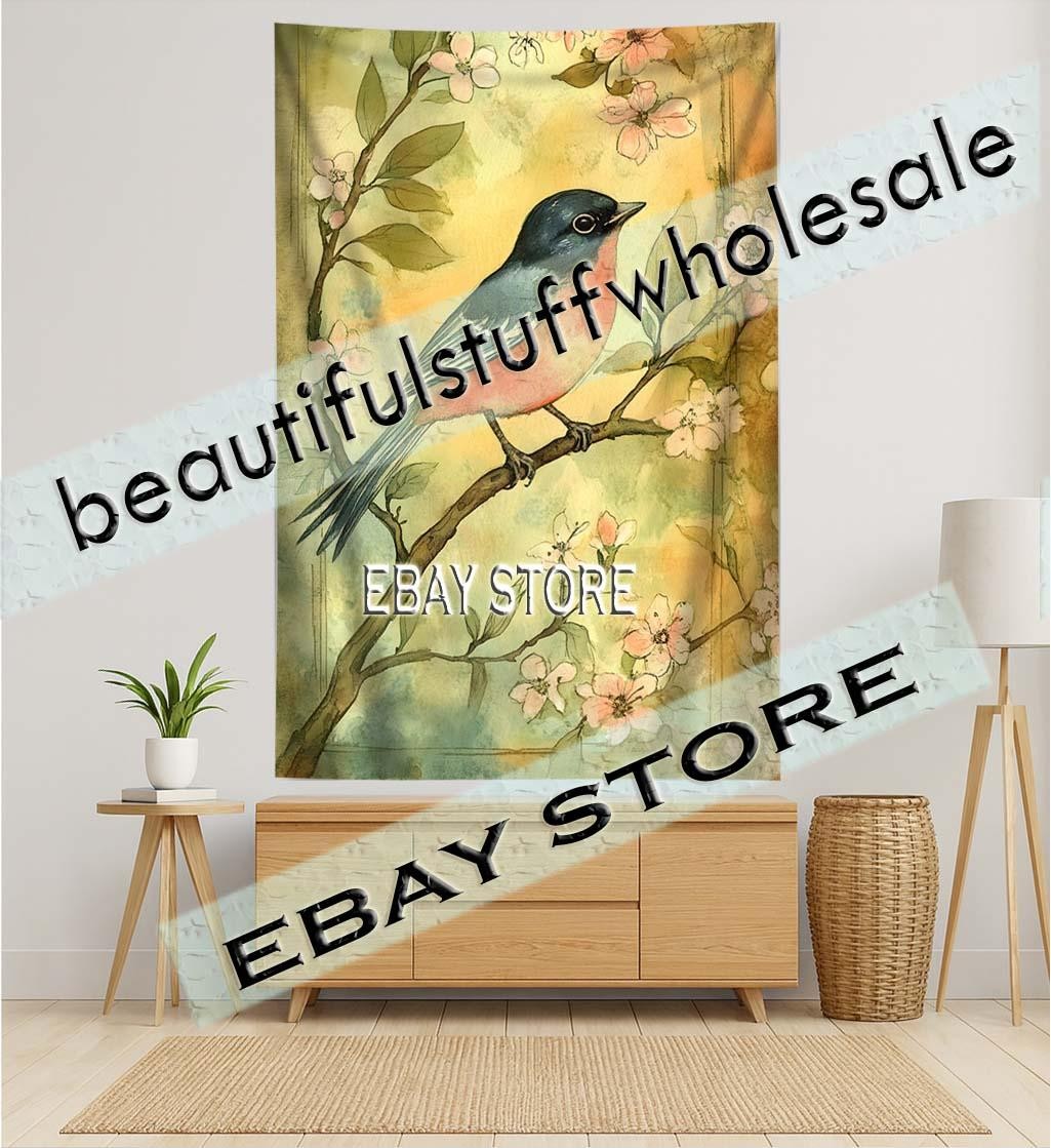 Spring Blossom Tapestry Robin spring light wall fabric poster 39X59 in