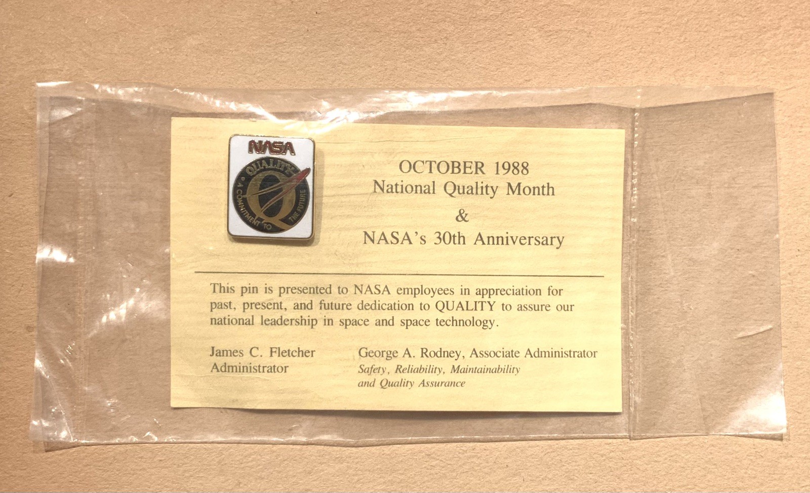 NASA 1988 30th Anniversary and National Quality Month Employee Pin