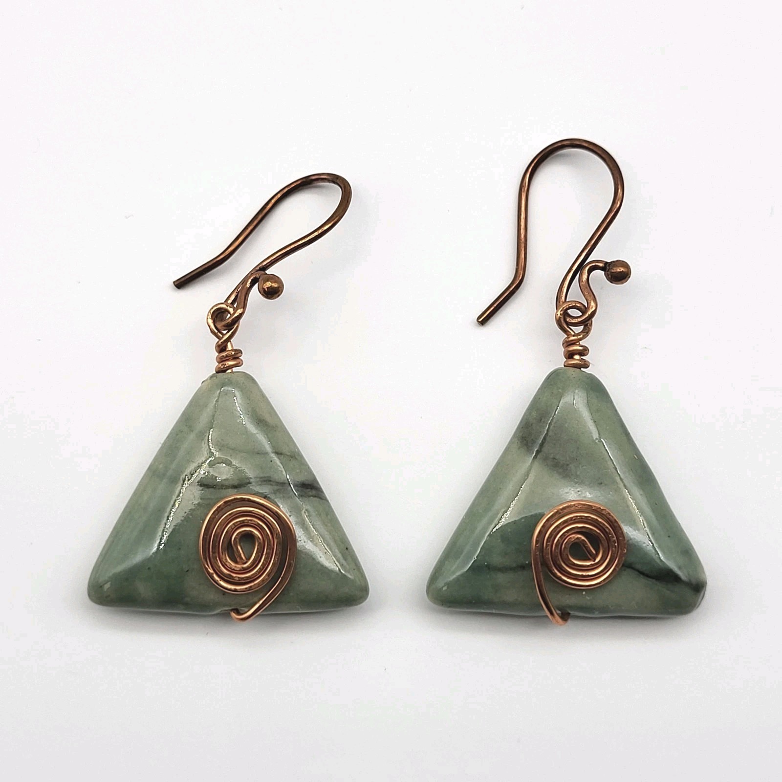 Lovely Artisan Glazed ceramic Wire wrap earrings pyramid boho triangle