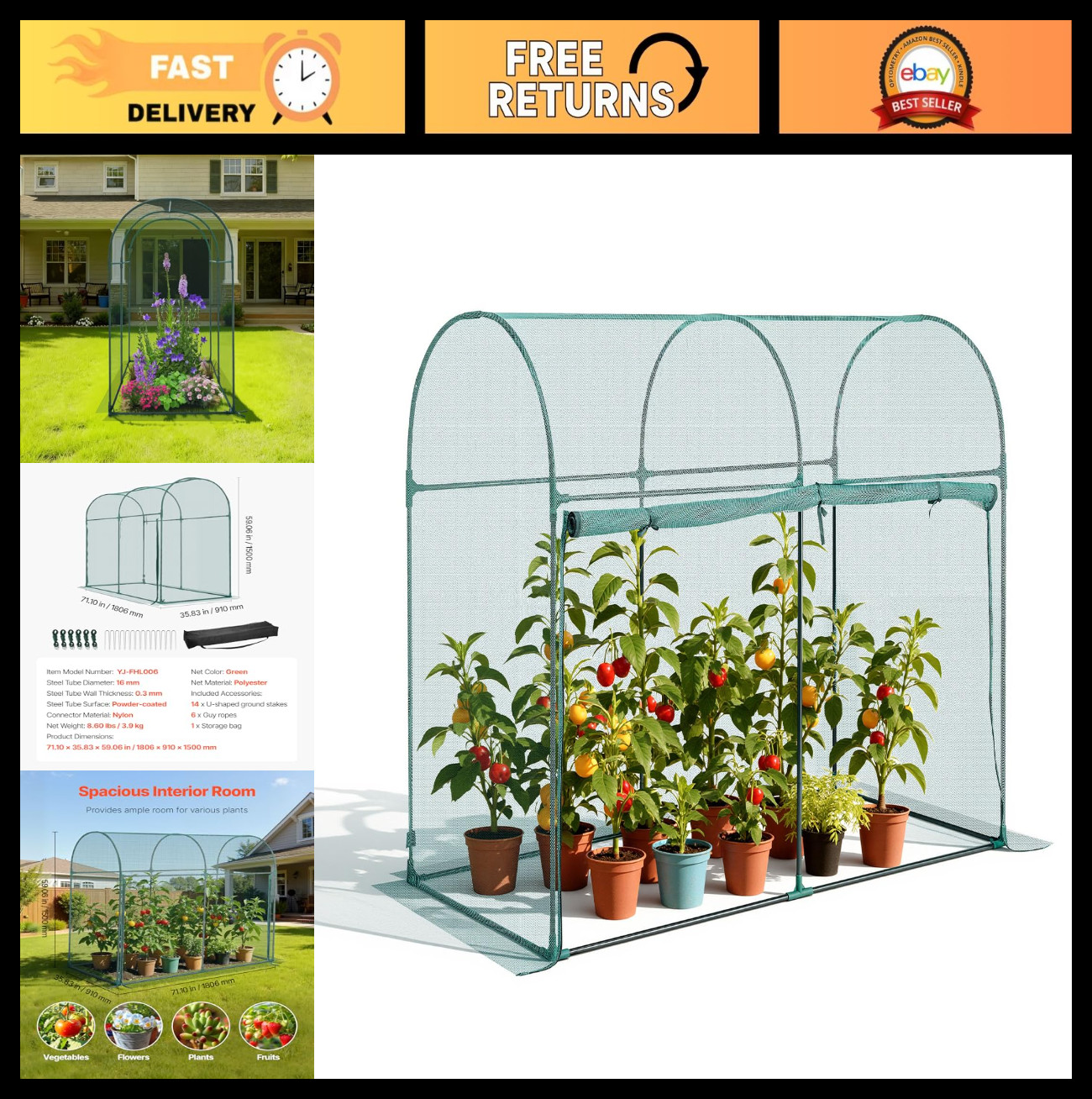 Plant Protection Tent 5.9x2.98ft - Wind-Resistant Crop Cage with Zipper Door, Ea