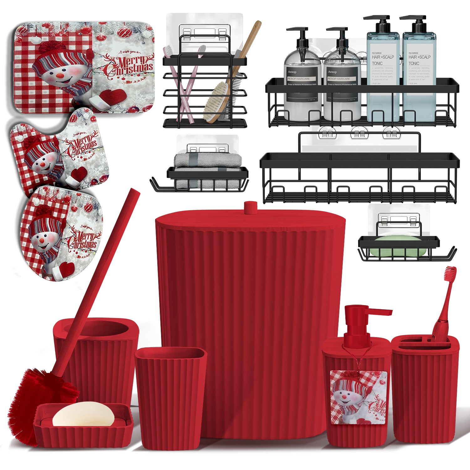 Christmas Bathroom Accessory Set, Holiday Bath Set w/ Shower Curtain & Bath Rugs