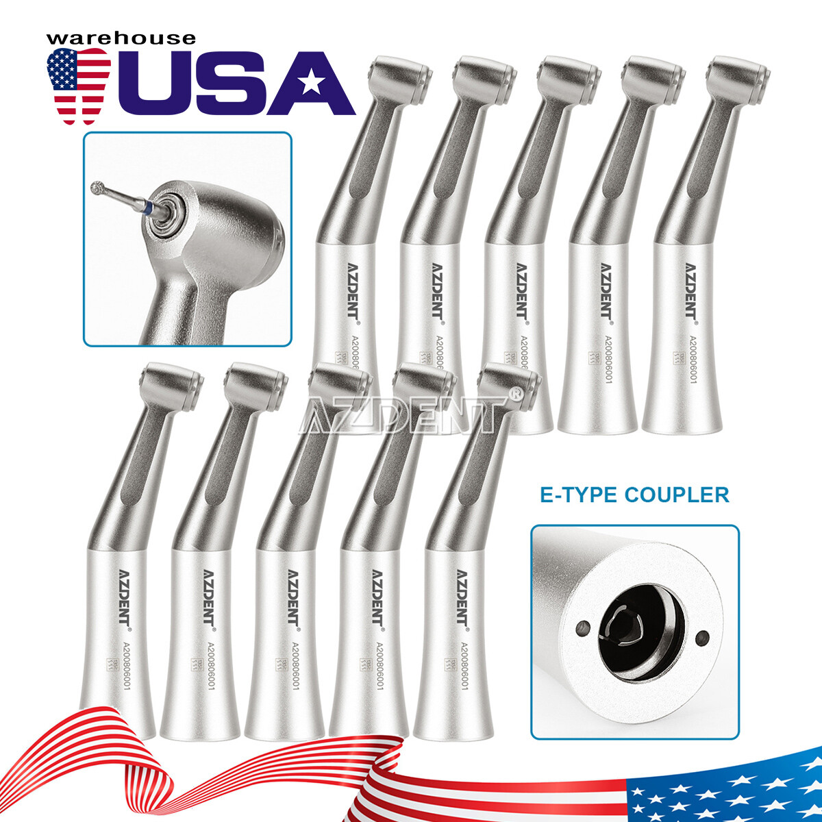 AZDENT Dental Slow Low Speed Handpiece 1:1 Push Contra Angle Fit 1.6mm Burs