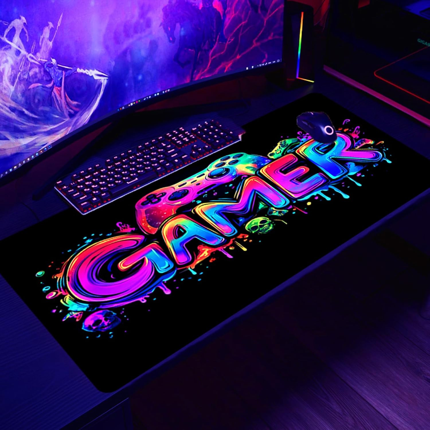 Gamer Gaming Mouse Pad, Blacklight Game Controller Horror Skull Waterproof La...