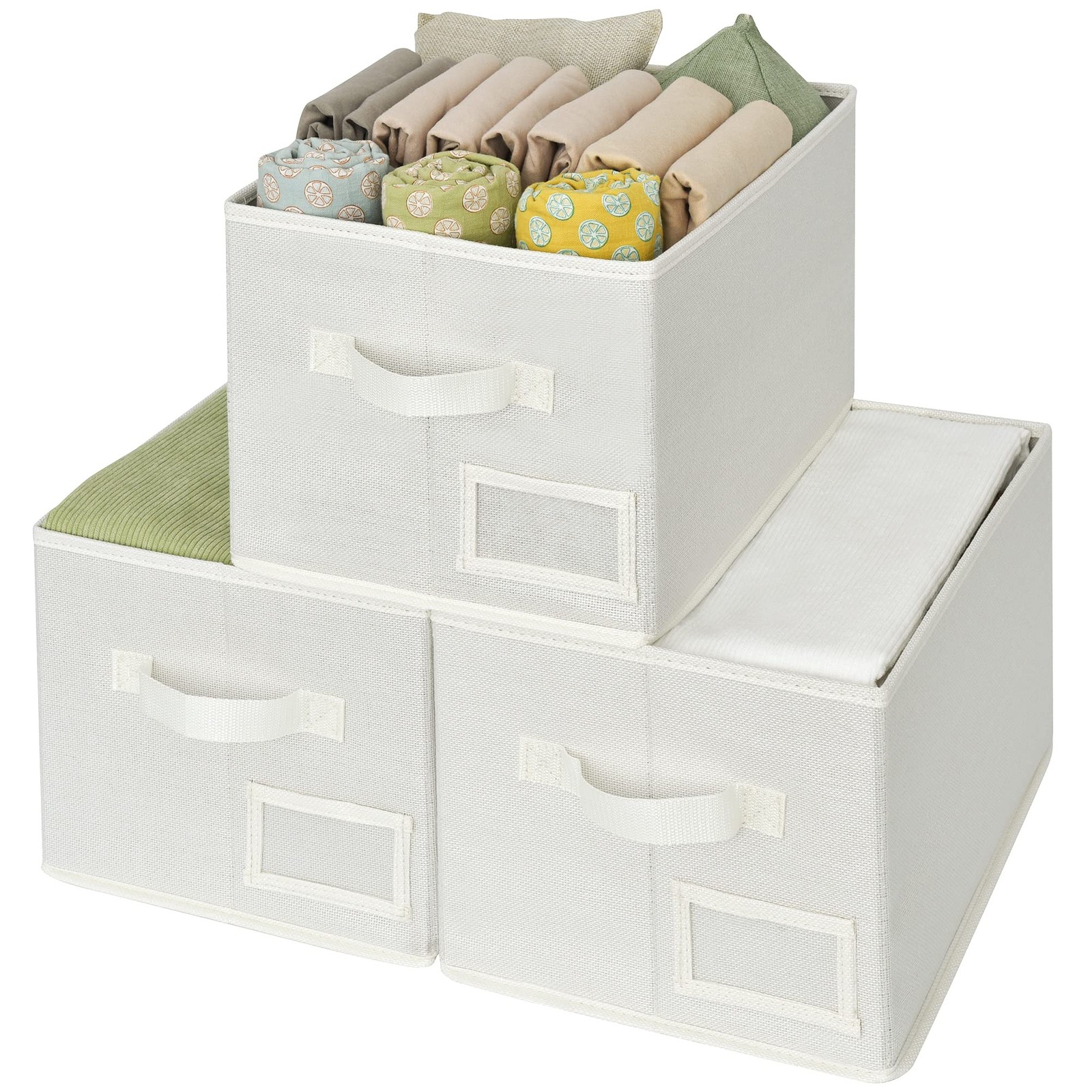 3 PCS Closet Organizer Bins Label Holder Fabric Foldable Pearl White