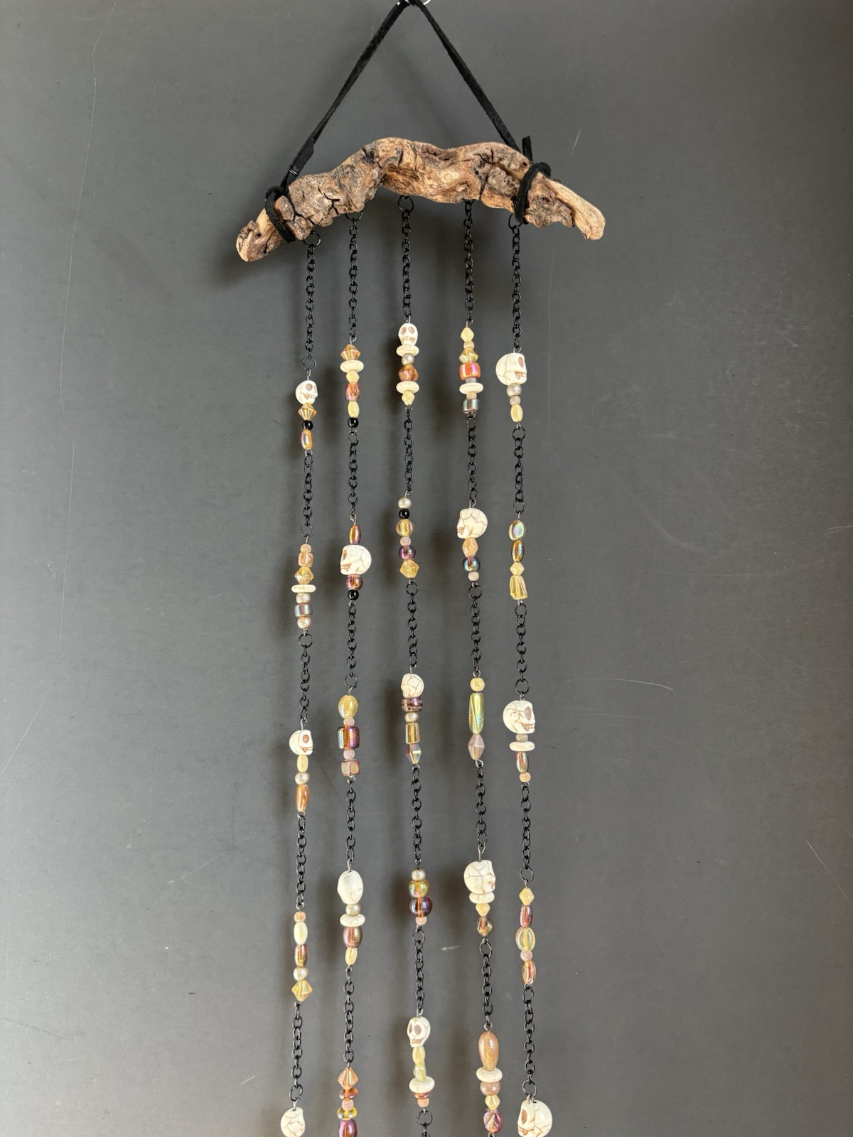 Driftwood Skull Beaded Black Brown Sun Catcher Wind Chime