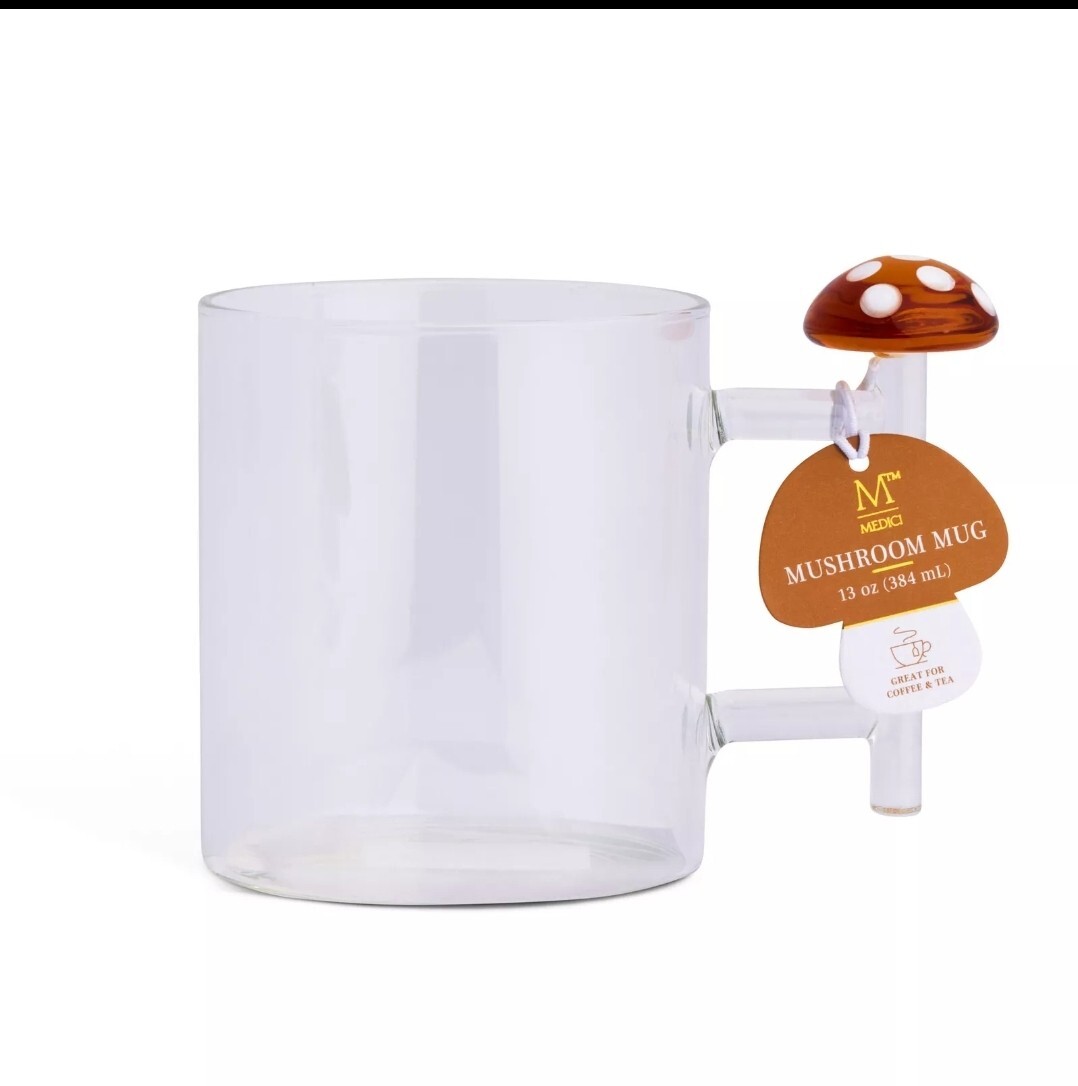 Magical Woodland Mushroom in Amber 13 oz Glass Coffee  Mug Cup with Handle.