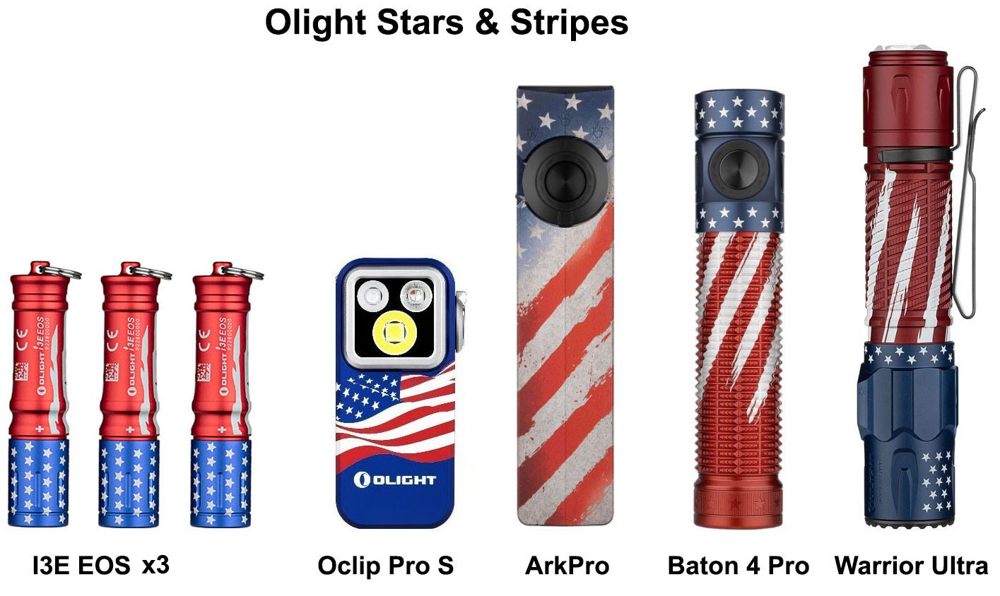 Olight Stars & Stripes: I3E x3, Oclip Pro S, ArkPro, Baton 4 Pro, Warrior Ultra