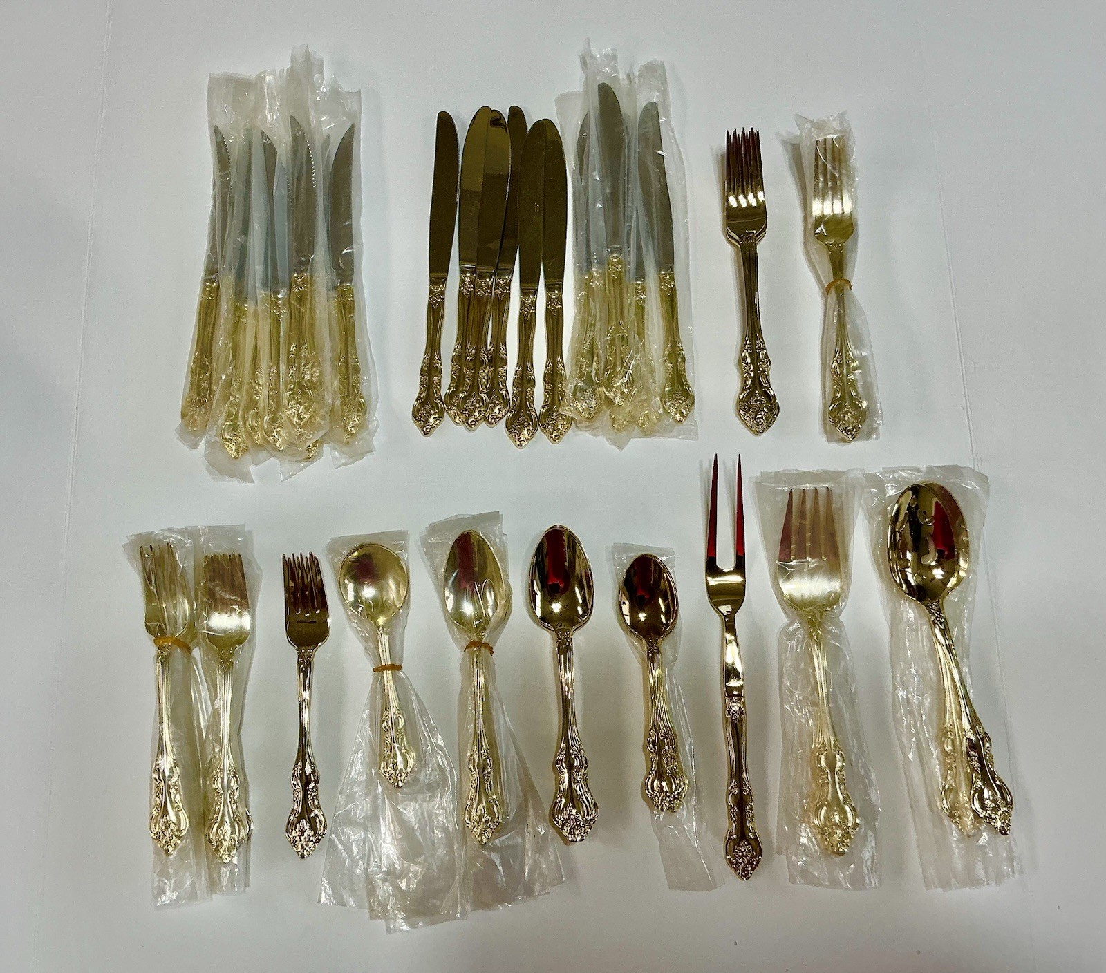 93 Piece Set of RSVP TG Indonesia Gold Electroplate Floral Scroll Flatware -READ