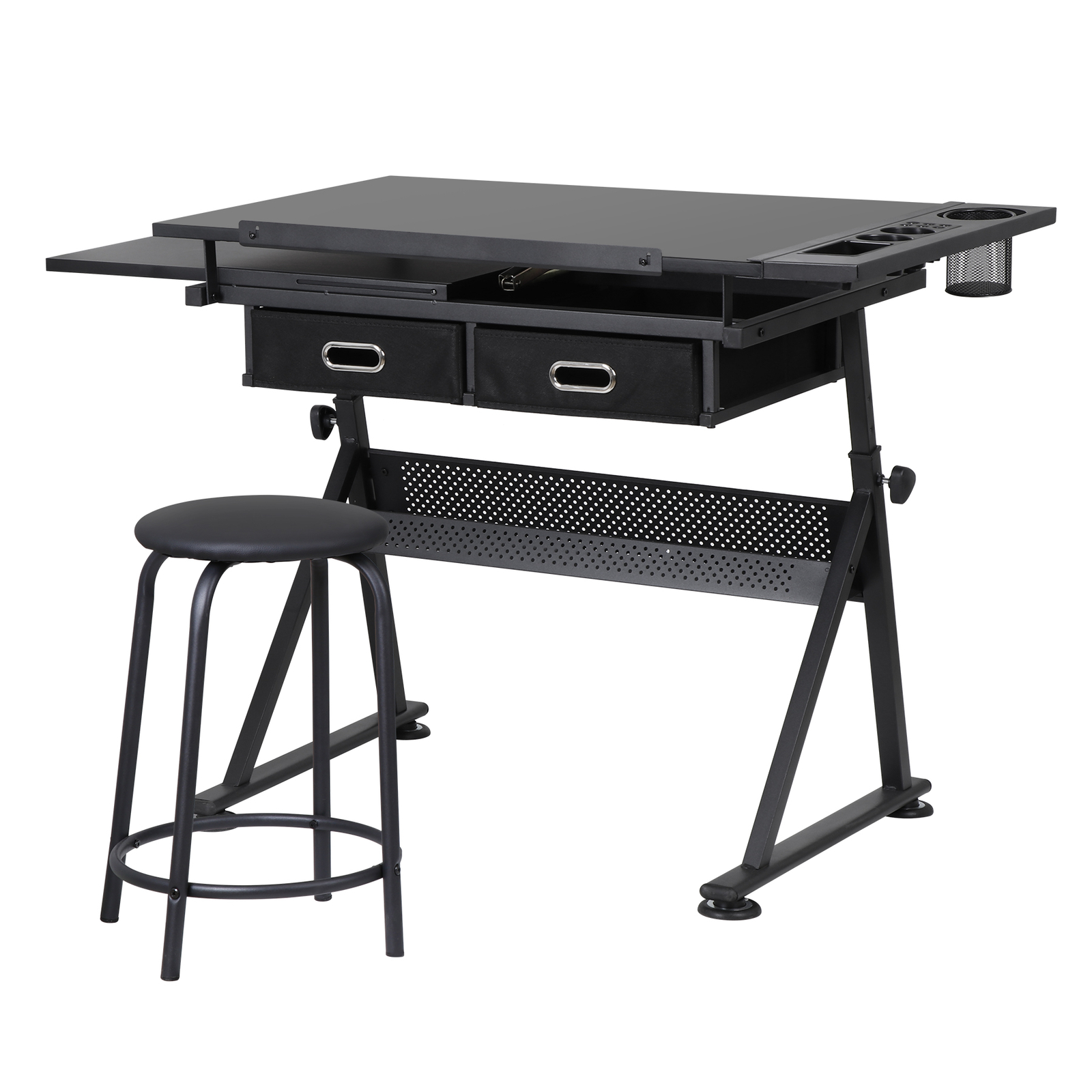 Drafting Table Adjustable Drawing Artist Desk Tilted Tabletop w/2 Drawers Stool
