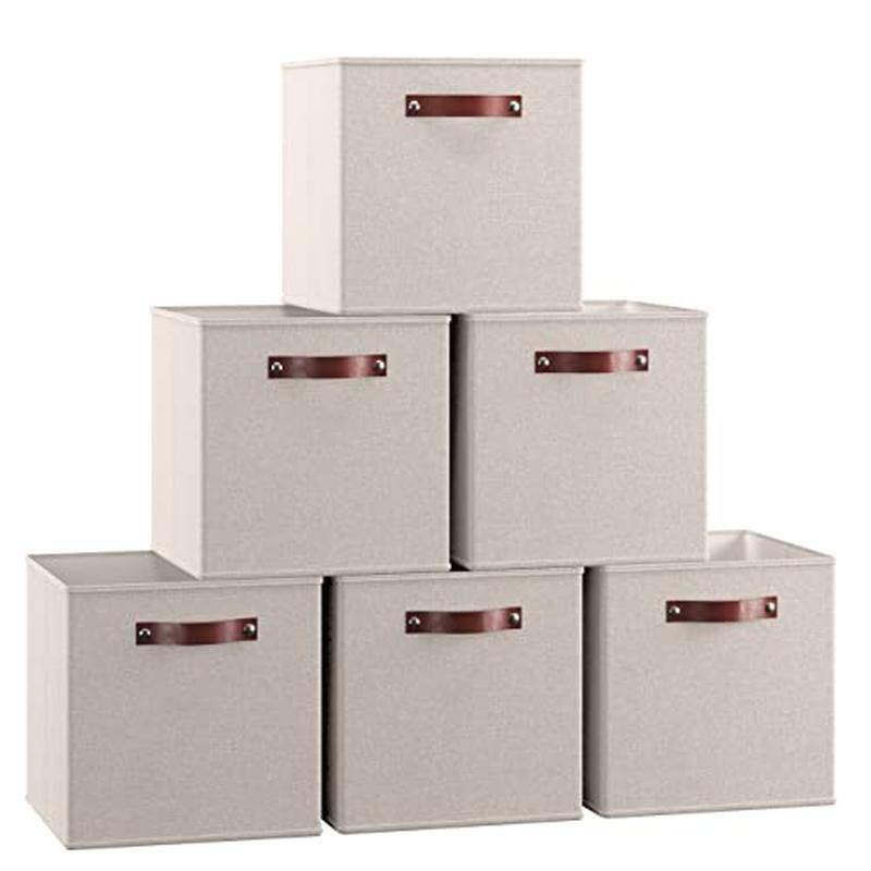 Foldable Storage Cube Bins 6 Pack Durable Fabric Box Organizer W/ Handles Beige