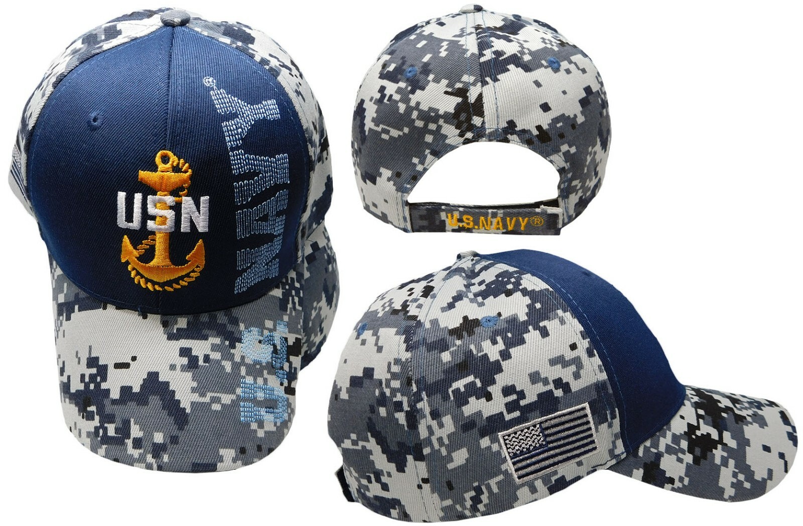 US Navy Anchor Blue Digital Camo USA Flag Hat OFFICIALLY LICENSED BY THE US NAVY
