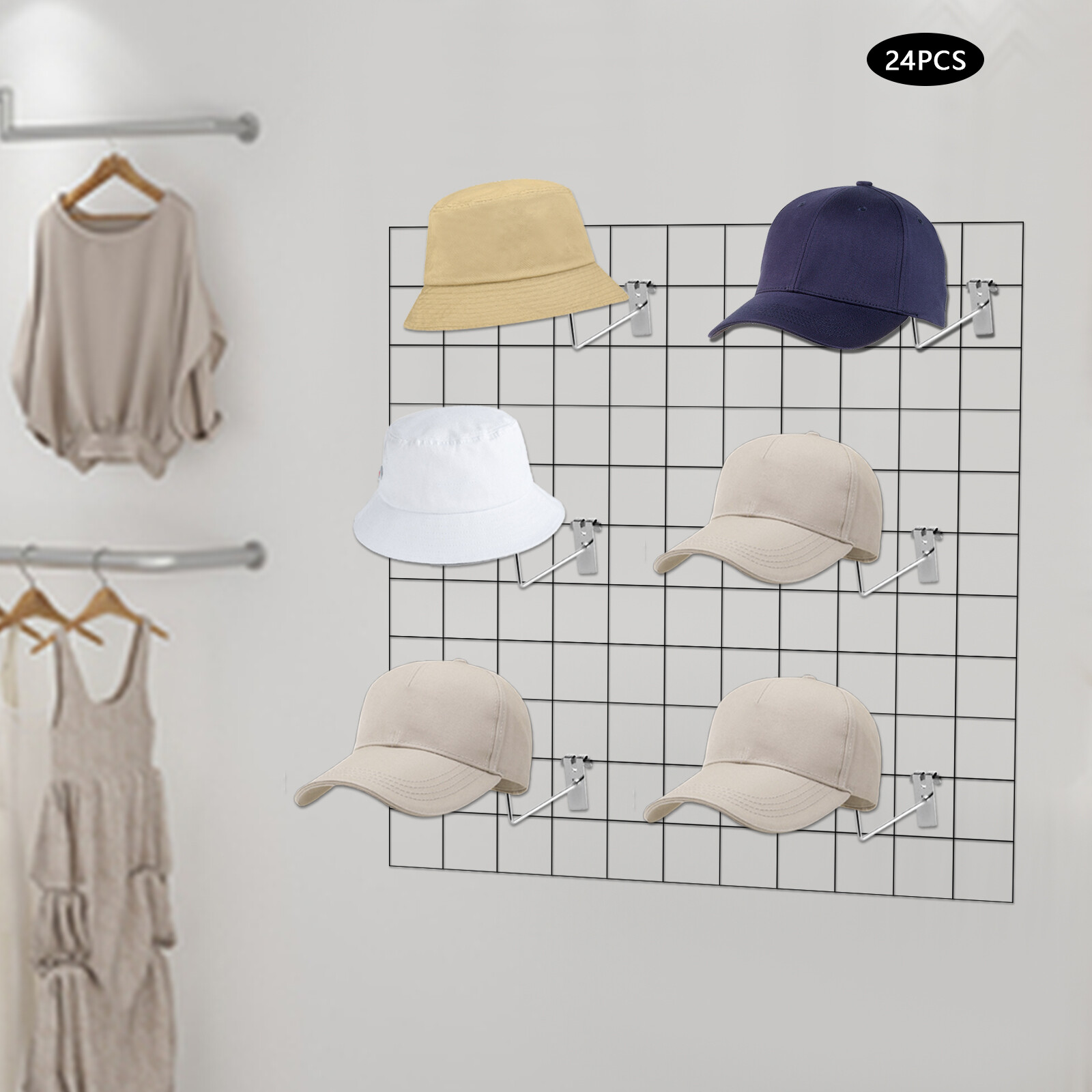 24pcs Hat Racks, Hat Hanger Gridwall Hooks, Slat Panels Cap Rack Retails Display