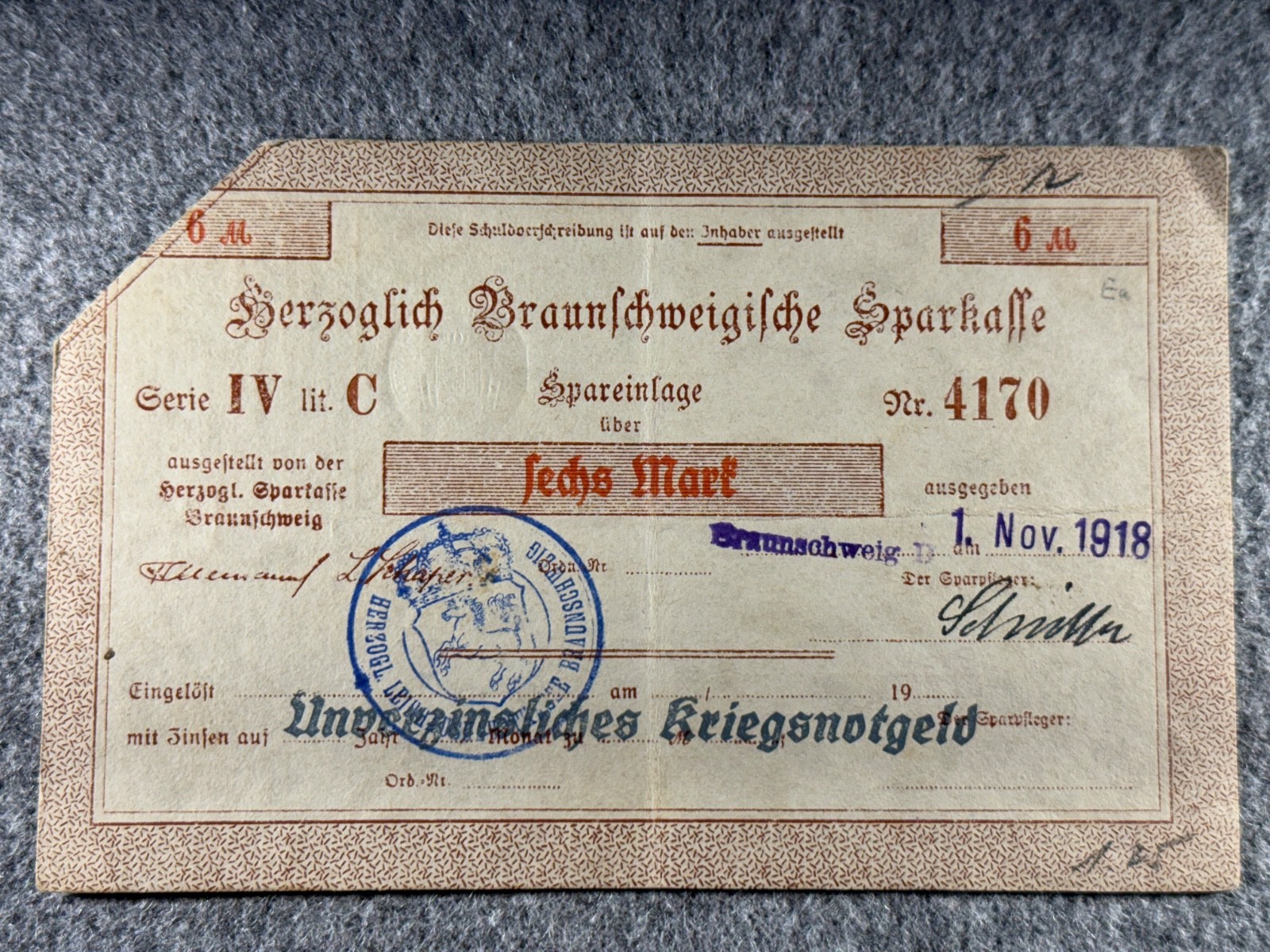 1918 Germany 6 Mark Federal state of Brunswick Notgeld SPC1336