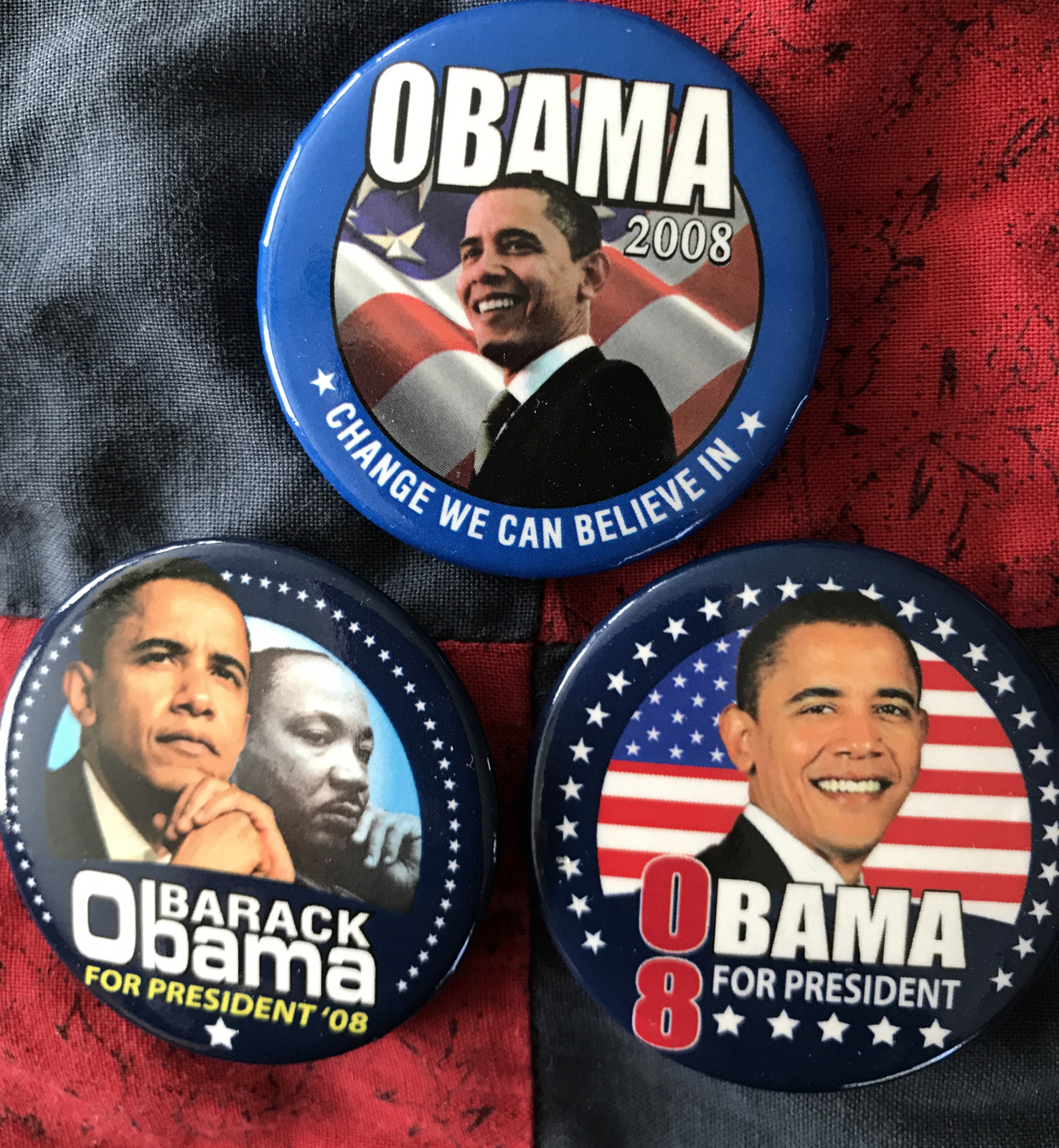 Political Pinback Pin Buttons 1 3/4" Set of 3 Obama '08 and MLK All Blue