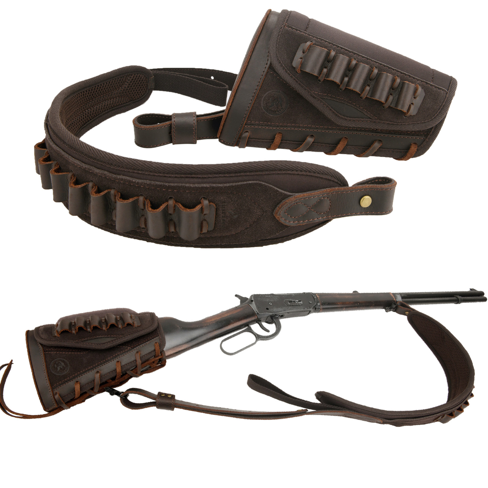 Leather Rifle Soft Sling, Buttstock Ammo Holder Set for .44MAG.22LR 12GA.30-30