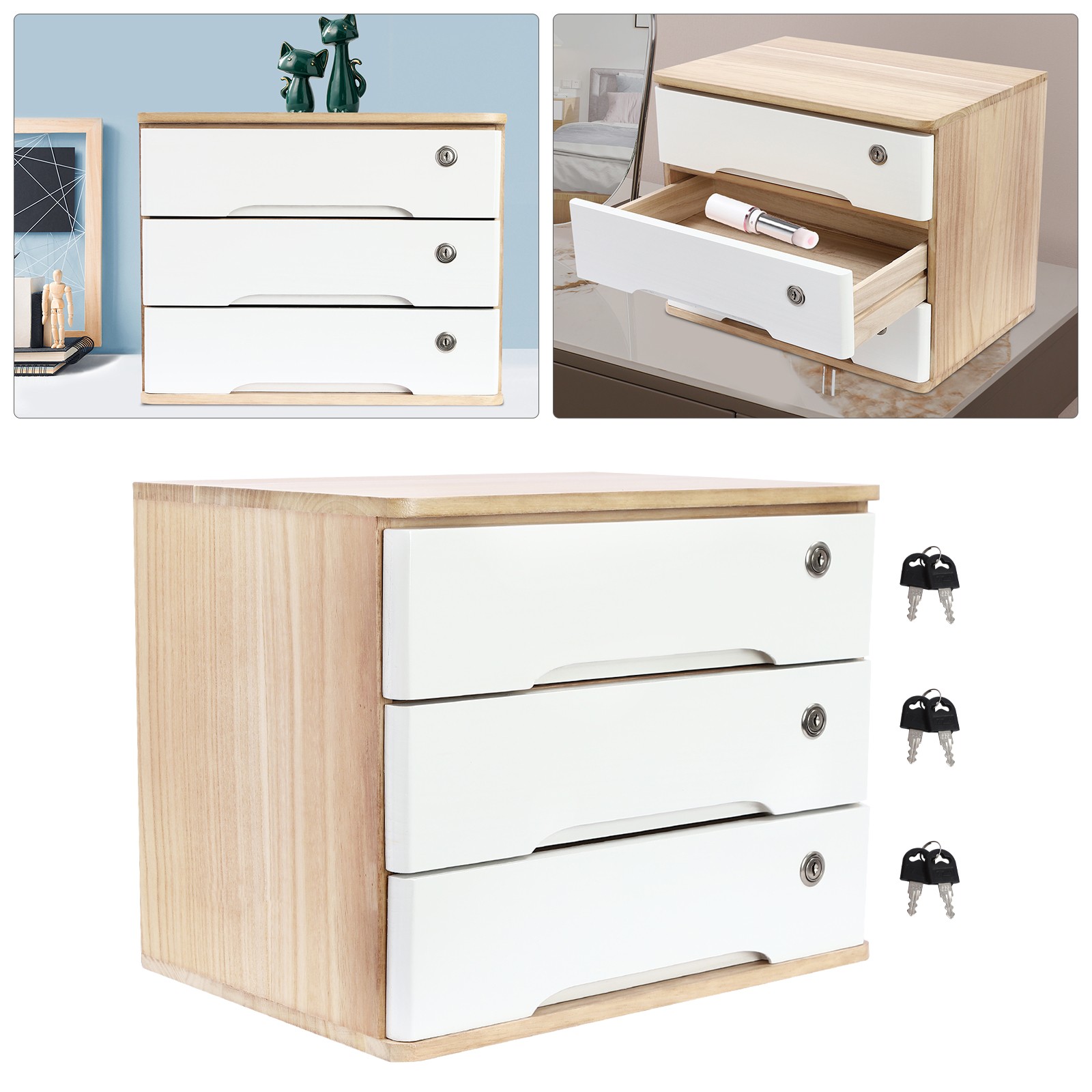 3-Tier Desktop Storage Cabinet Desk Organizer Desktop Storage W/Lockable Drawers