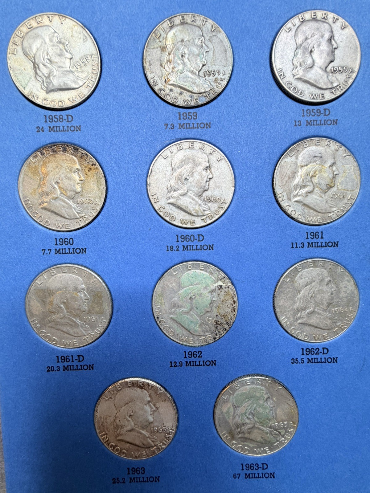 1948 - 1963 COMPLETE SET 35 BEN FRANKLIN 90% SILVER HALF DOLLARS COLLECTION
