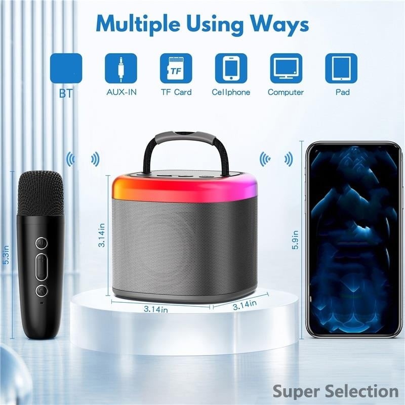 Kids Karaoke Machine With 2 Wireless Mics, Portable Bluetooth With LED Lights
