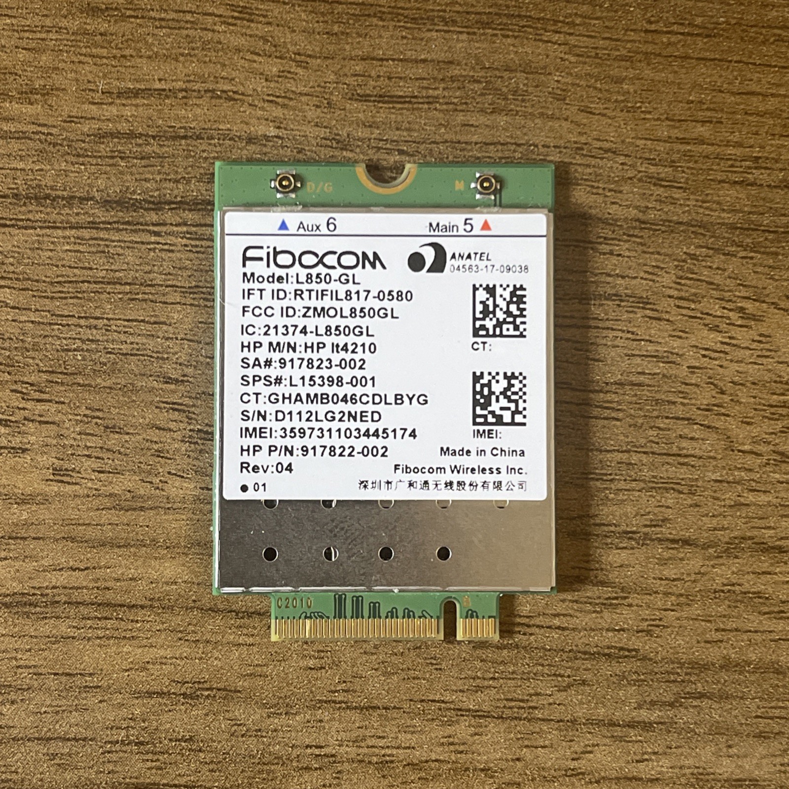 HP Lt4210 WWAN Fibocom L850-GL w/GPS LTE/HSPA+ M.2 XMM 7360 LTE-A PN# L15398-001