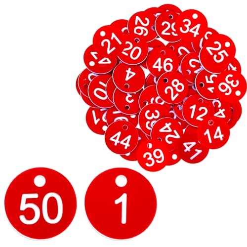 1-50 Number Tags, Plastic ID Number Hang Tags with Hole, Engraved Round Red