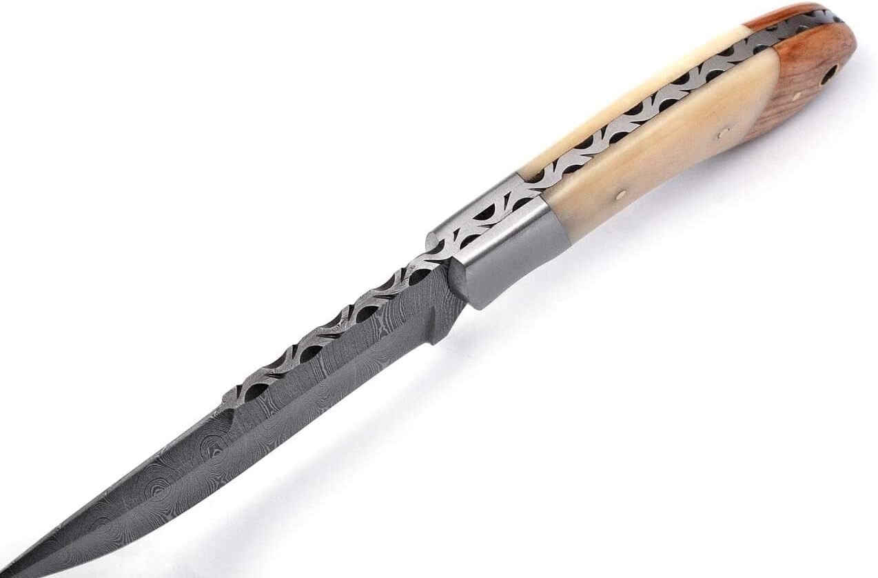 Custom Handmade Damascus Steel Hunting Skinning Knife with Leather Sheath - 1312