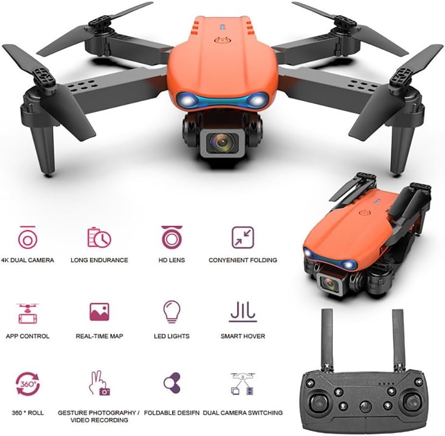 Foldable Orange Mini Drone with Dual Cameras Wi-Fi FPV 4K 12 Min Flight