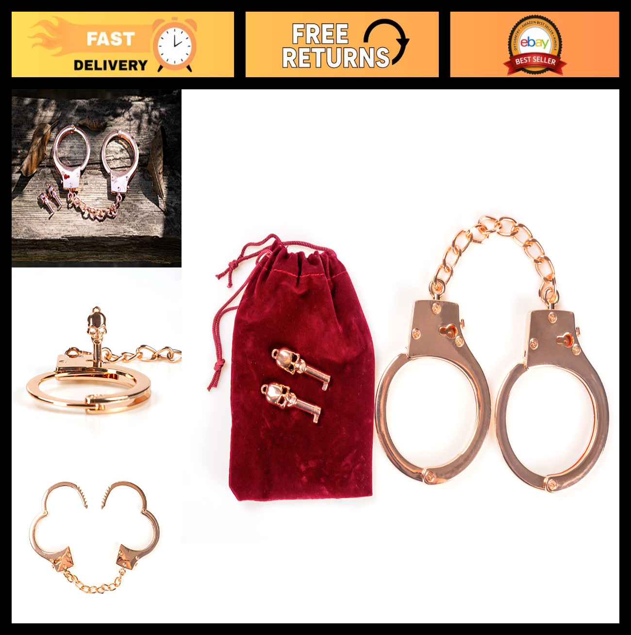 Metal Handcuffs with Skull Keys - Rose Gold Prop Toy for Cosplay & Costume