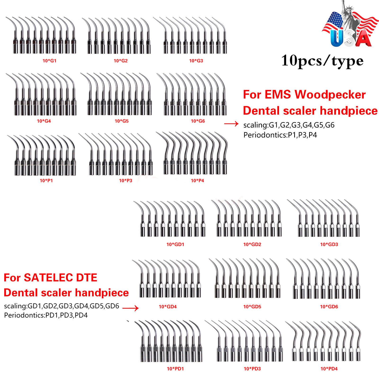 10pcs Dental Ultrasonic Piezo Scaler Tips fit EMS Woodpecker /DTE SATELEC OR