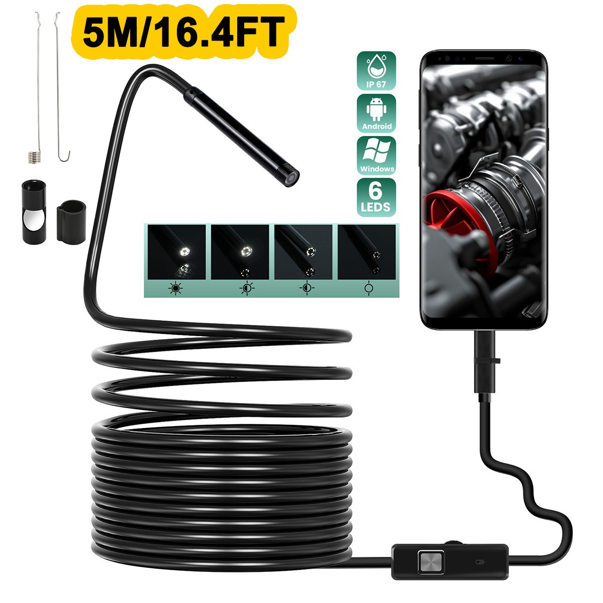 1920P HD Endoscope Borescope 5M Inspection Snake Camera with Light for Android