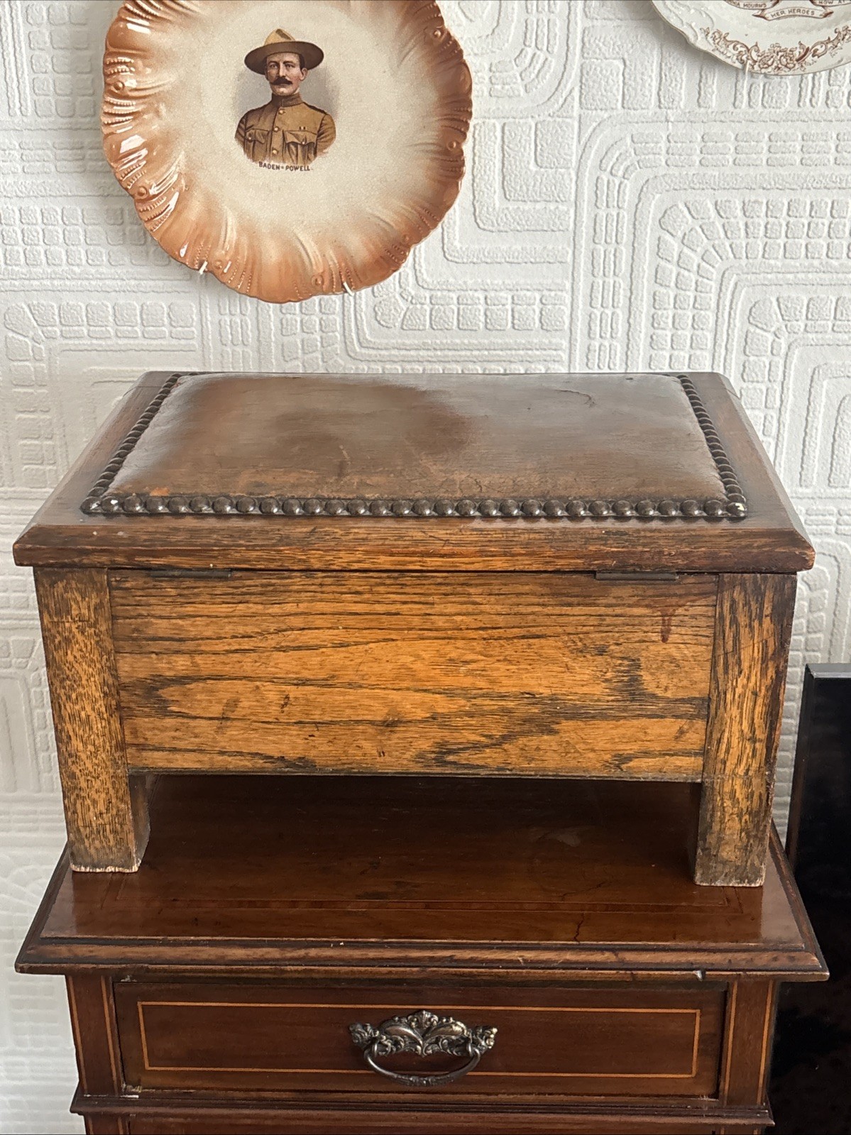 Lovely Antique Oak Storage Footstool With Leather Top