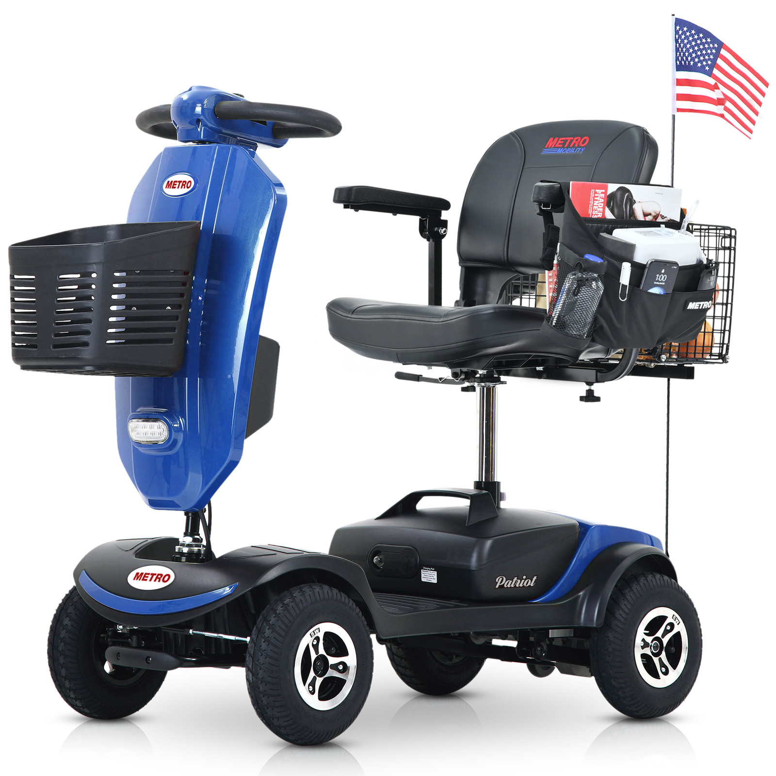 Outdoor Compact Mobility Scooter with Windshield 300W Motor with Basket Blue