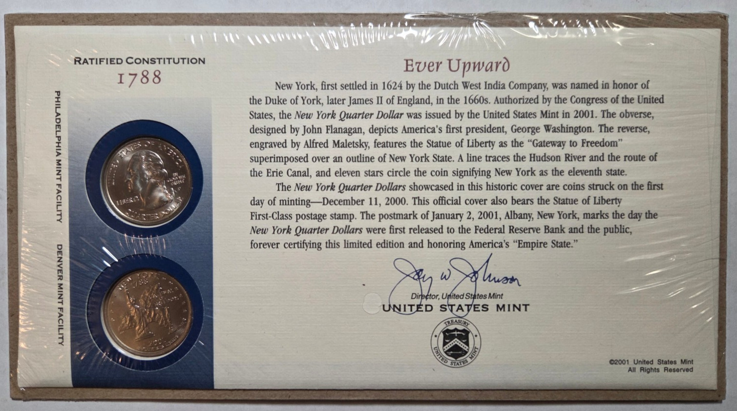 1788 Ratified Constitution Ever Upward United States Mint 2001 Quarters BU