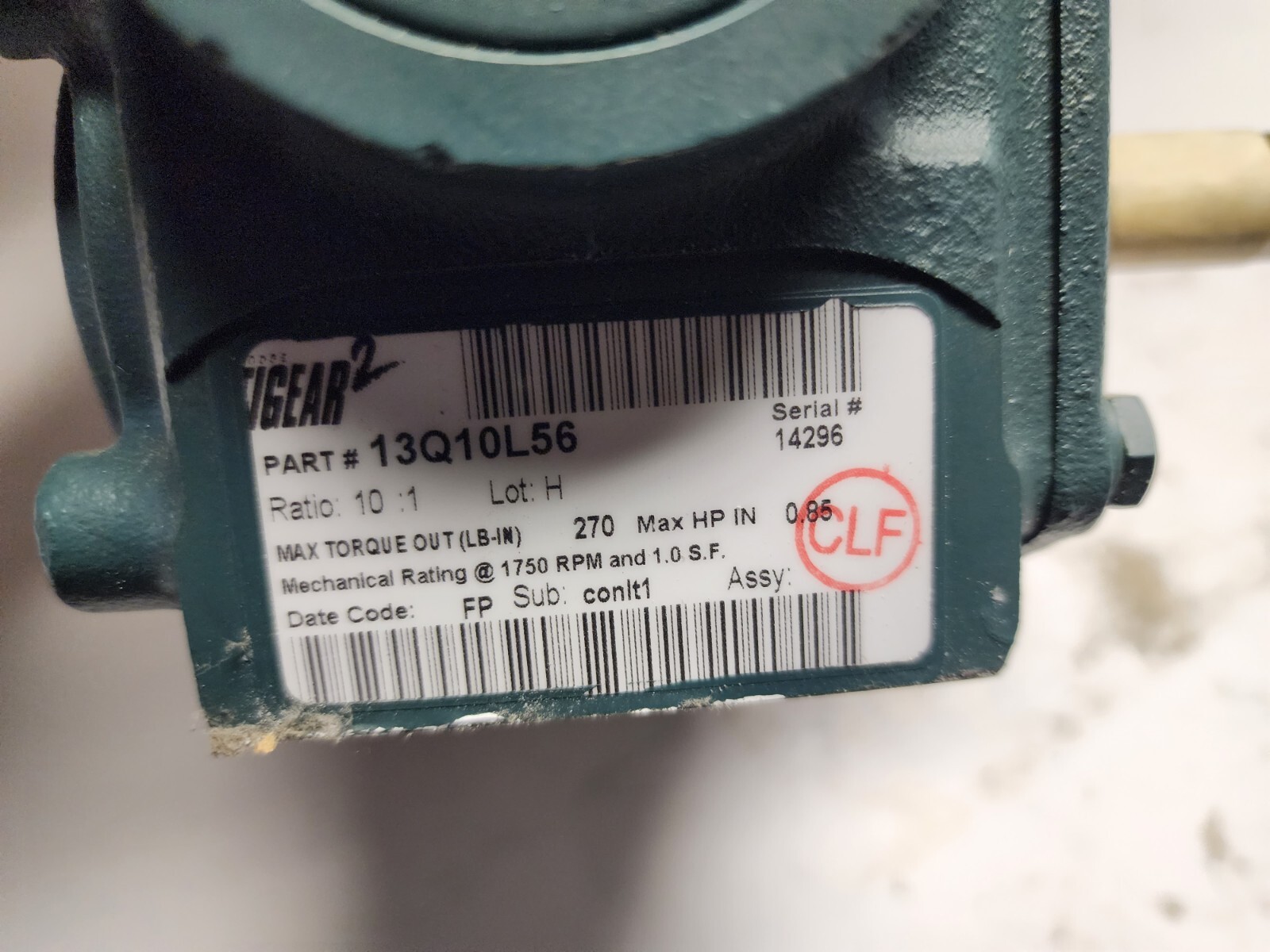Dodge Tigear 2 Reducer Model 13Q10L56 10:1 Ratio