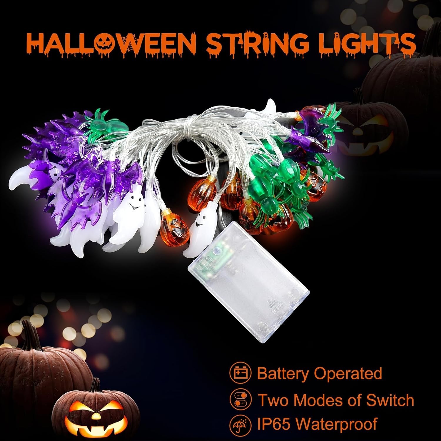 Battery-Operated 20FT Waterproof Halloween Twinkle Lights - Pumpkins & Ghosts