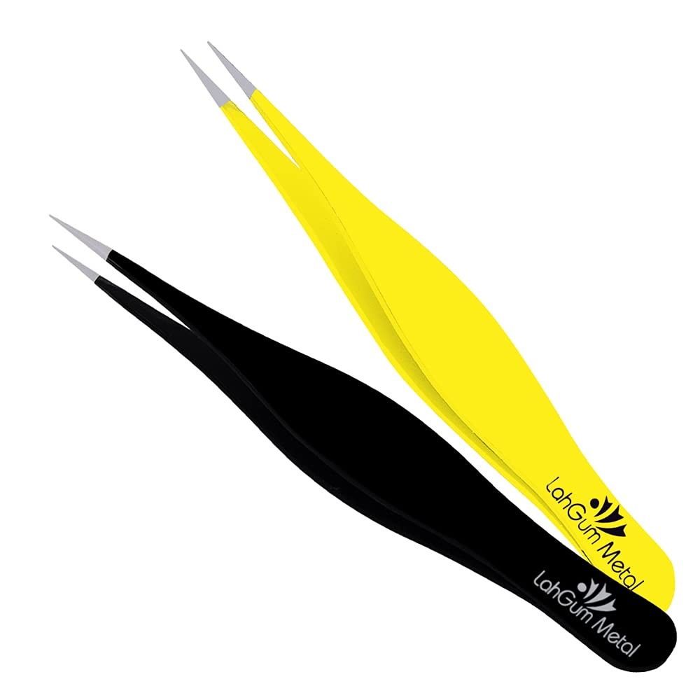 Super Sharp Pointed Tweezers Precision Fine Point Tip Ingrown Yellow & Black