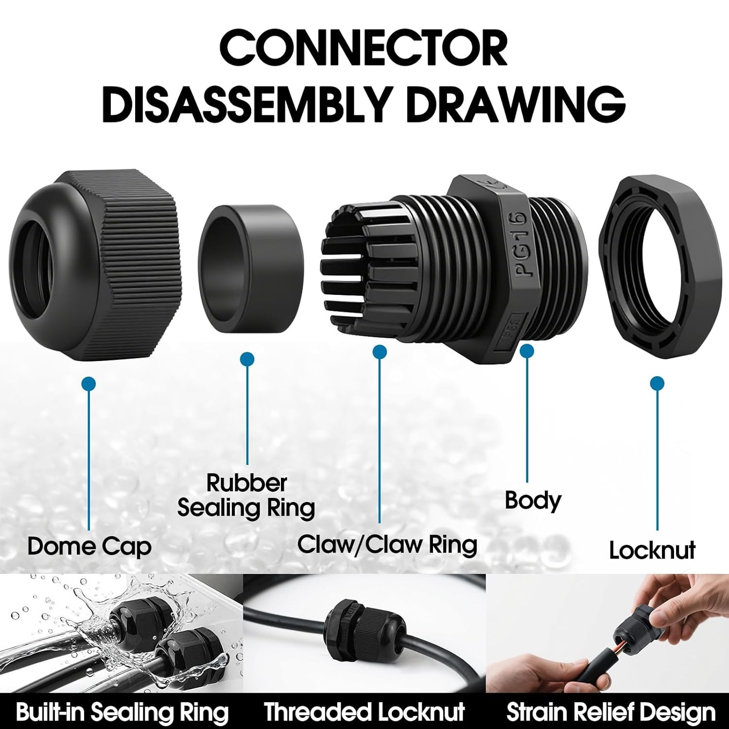 25-Pack Cable Gland Kit IP68 Waterproof Nylon Cord Grip PG7-PG16 Black