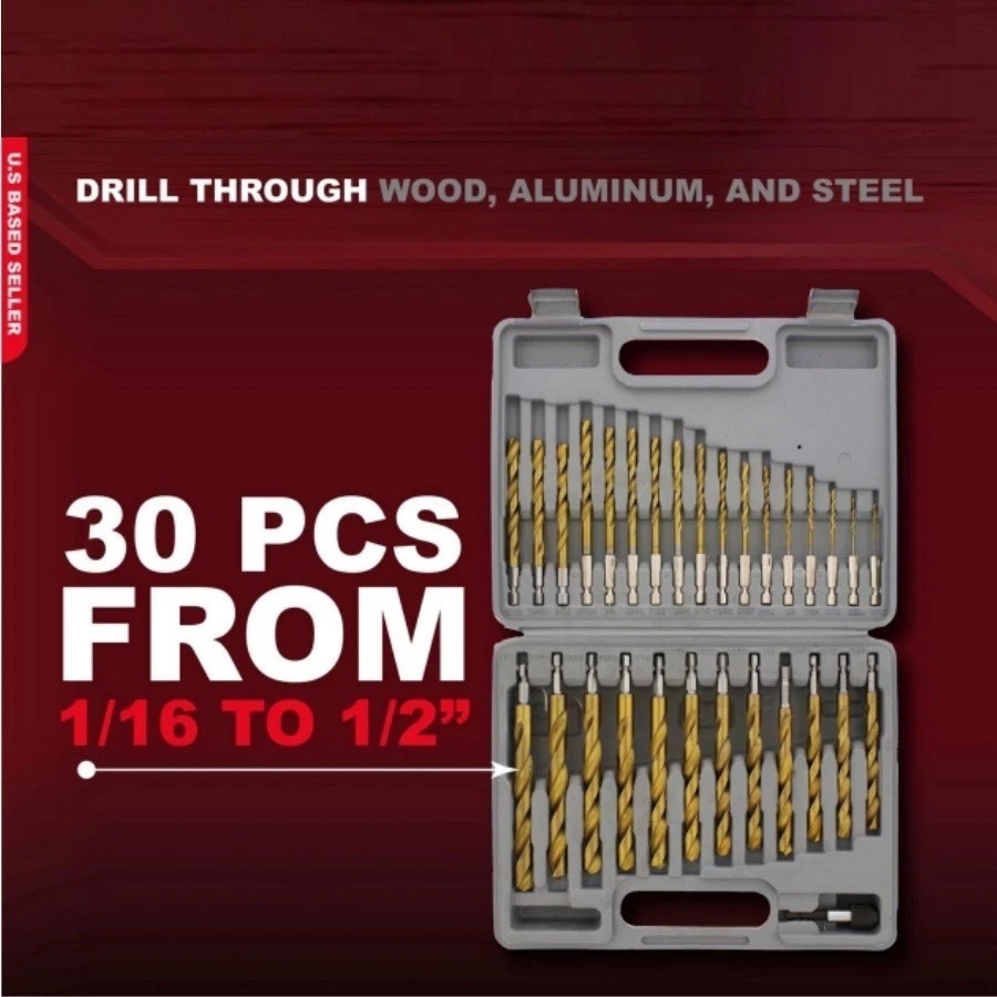 Quick-Change 1/4" Inch Hex Shank 30-Piece Drill Bit Set from 1/16” to 1/2"