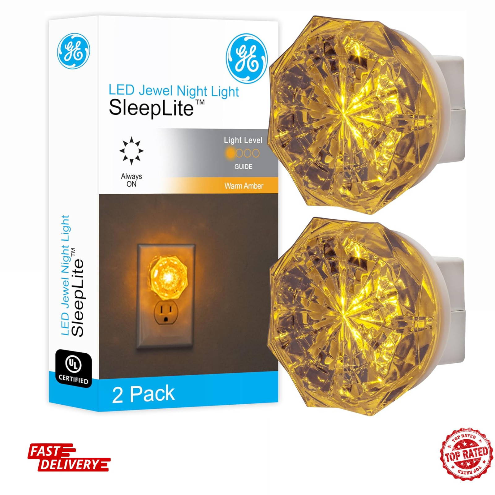 GE Jewel LED Night Light, Plug-in, Always on, Amber, UL-Certified, 11286, 2 Pack