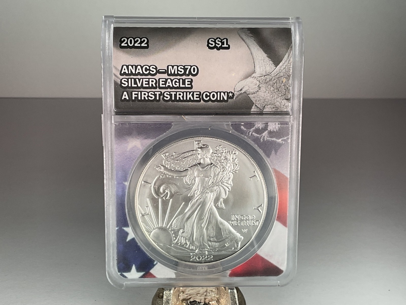 2022 $1 American Silver Eagle in Flag/Eagle core FS, ANACS MS 70 - PERFECT!