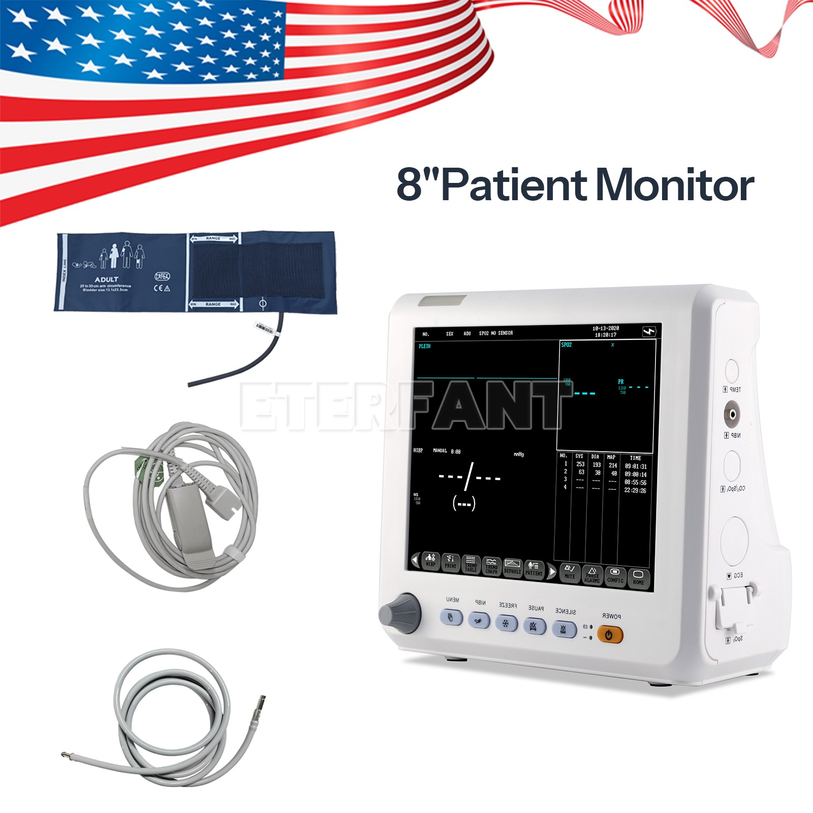 ETERFANT 8" Patient Monitor ICU CCU Vital Sign Monitor NIBP, SPO2, PR,TEMP