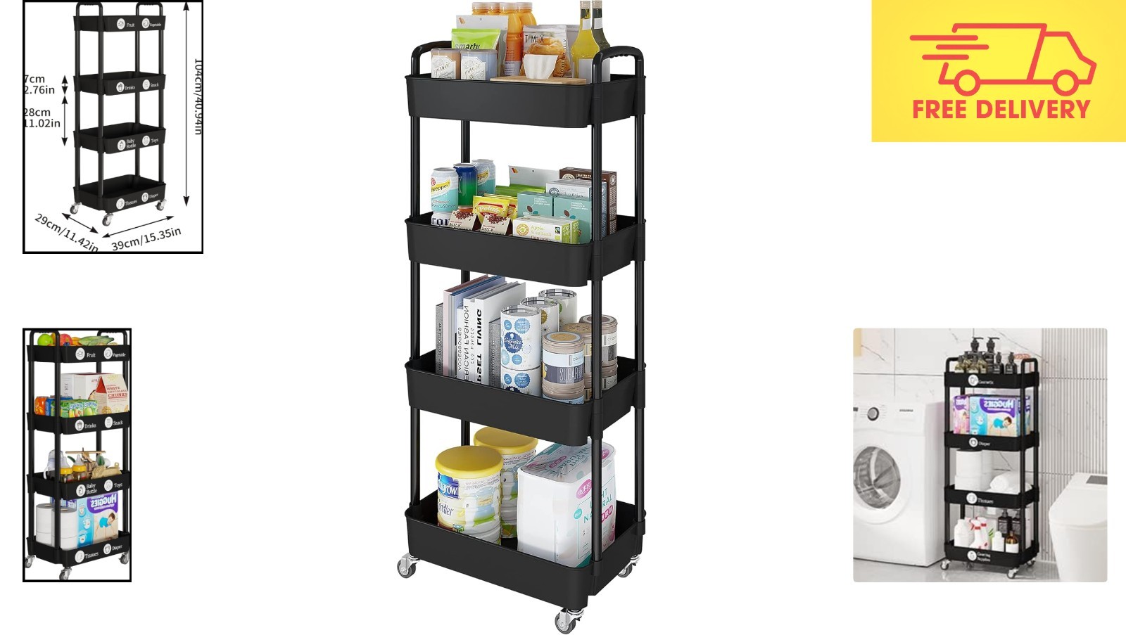 Compact 4-Tier Rolling Cart with Classification Stickers - Effortless Storage