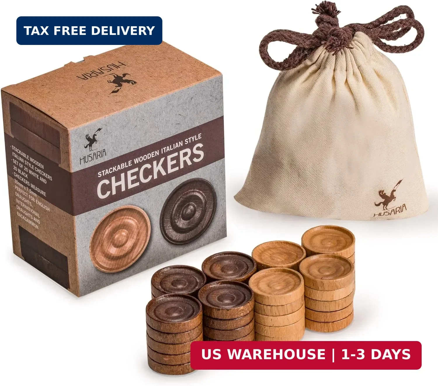 Husaria Wooden Italian Style Checker Pieces with Stackable Ridges and Drawstring