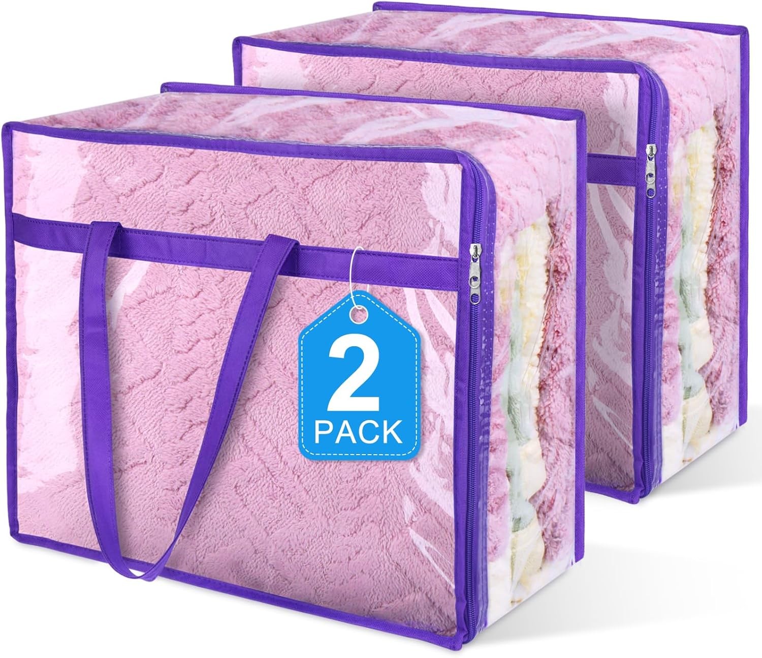 2 Pack Clear Zippered Storage Bags for Clothes, Closet 2 Pack, Purple