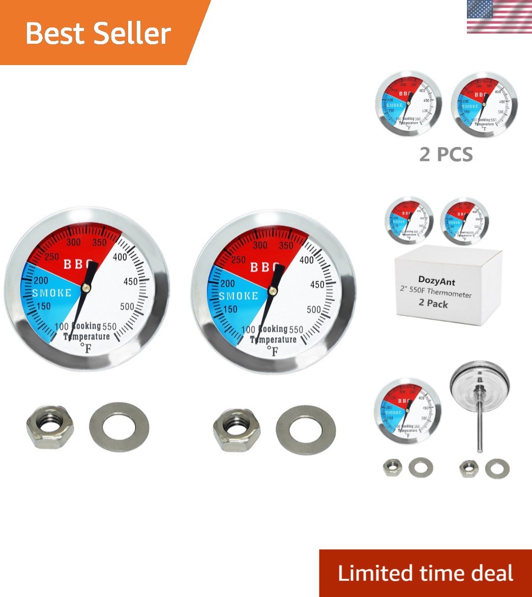 Quick-Read 2'' Smoker Thermometer Gauges - Stainless Steel 100°F-550°F (2 Pack)