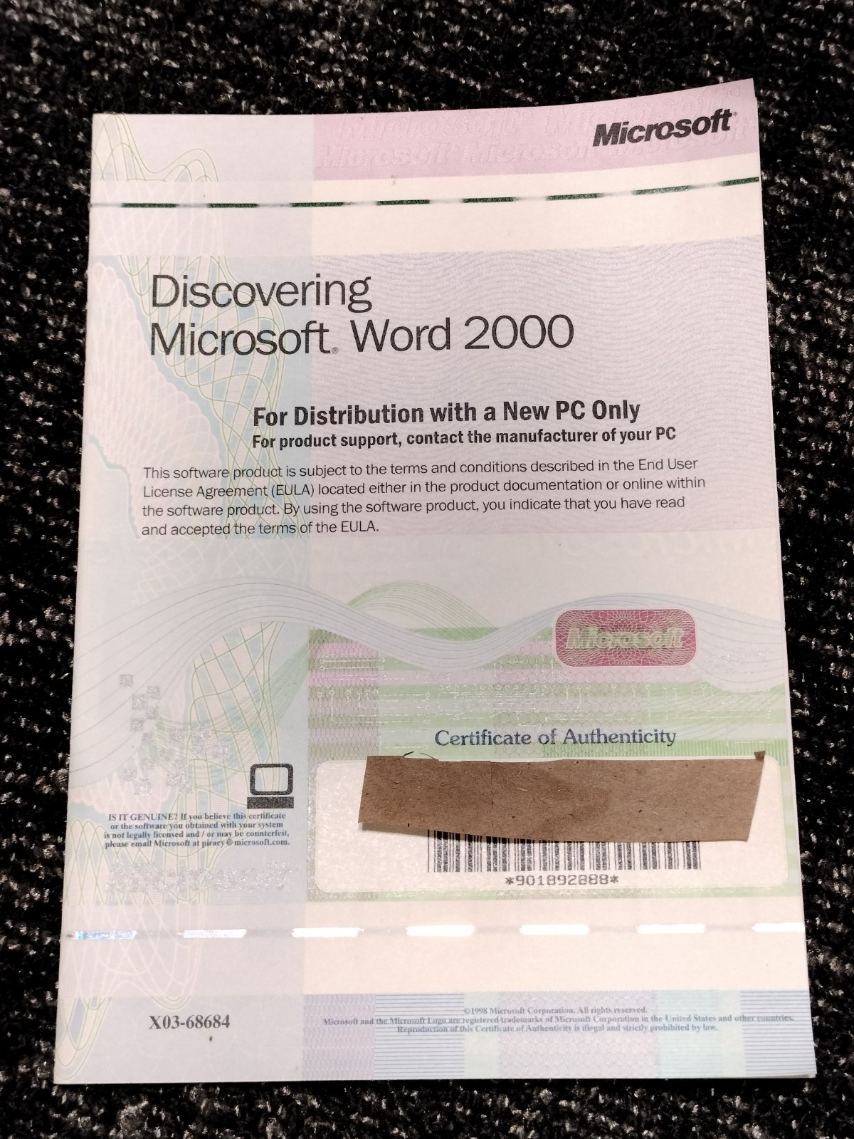 Microsoft Word 2000 Software booklet pamphlet  BOOK  X03-68684 Key & COA only