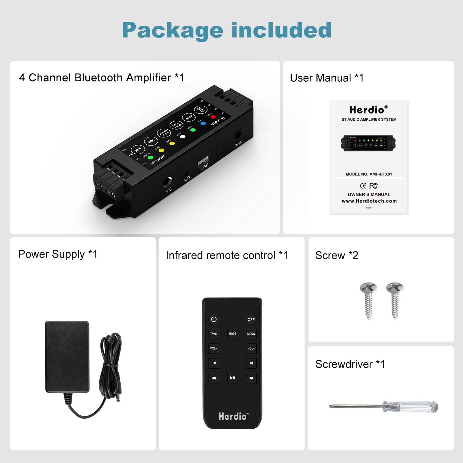 Herdio 4-Channel Bluetooth Amplifier Receiver - 200W Total Power...