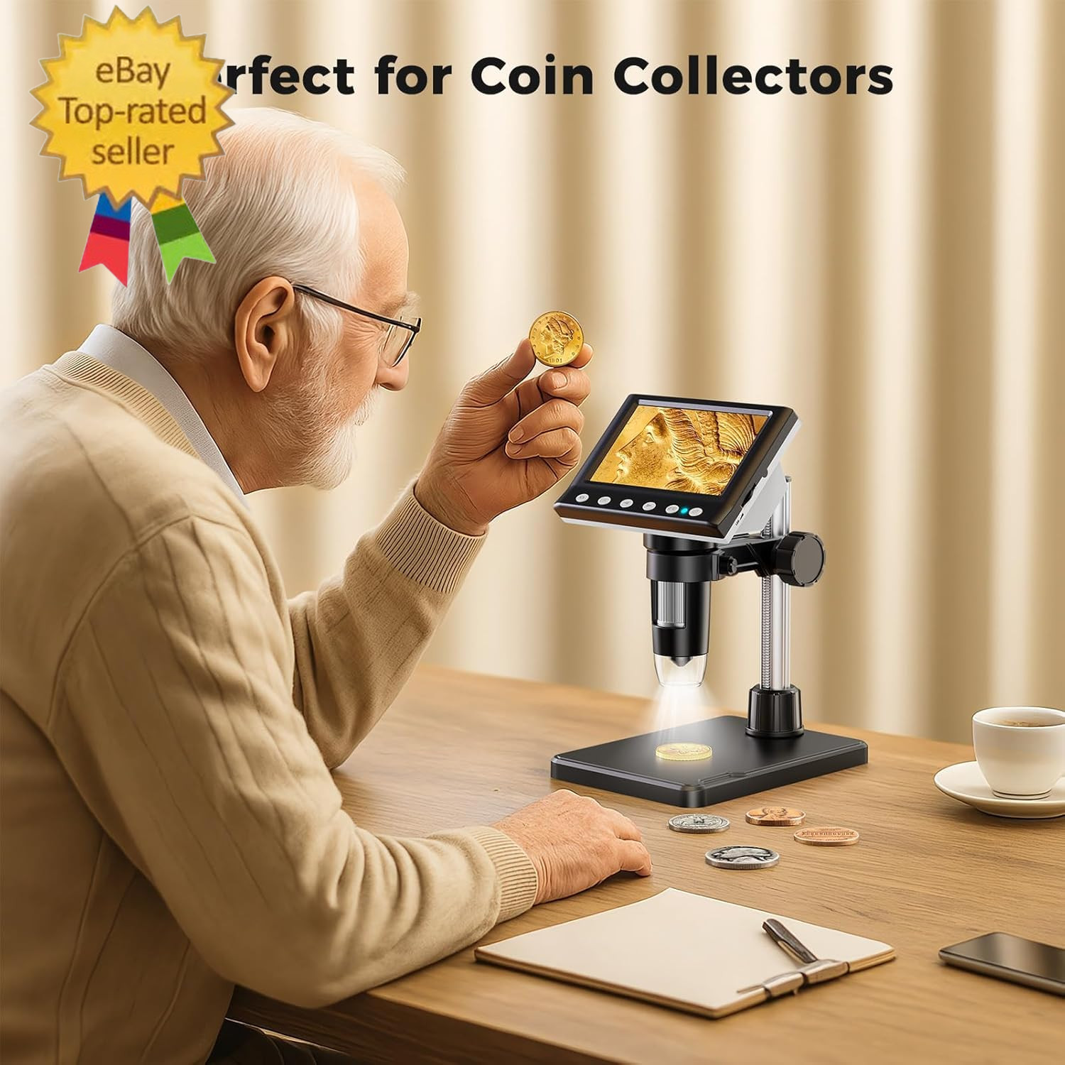 4.3 Inch LCD Digital Coin Microscope,1000X USB Magnfier 8 Adjustable LED Lights