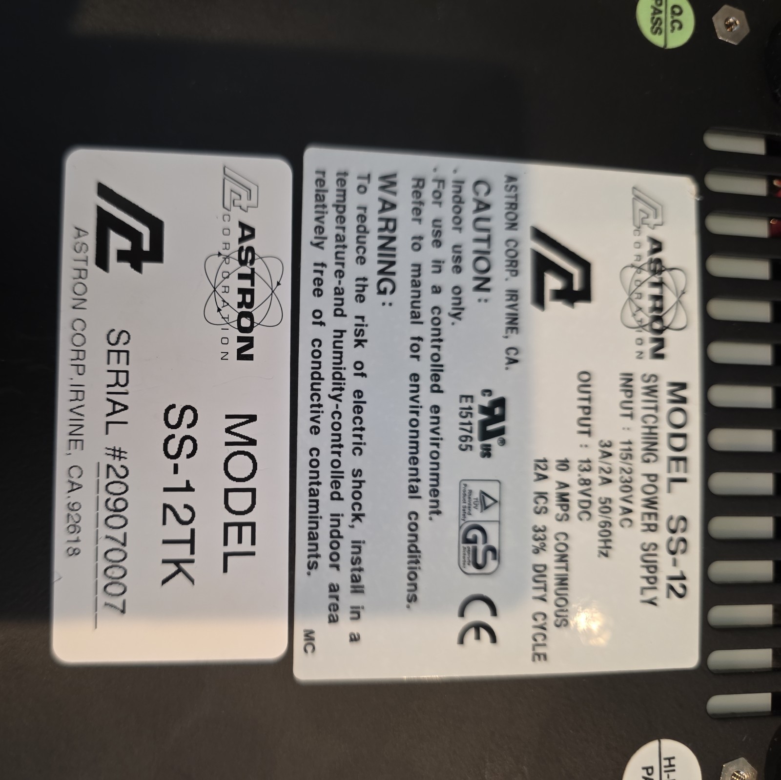 Astron Model SS-12 Switching Power Supply SS-12TK-7180