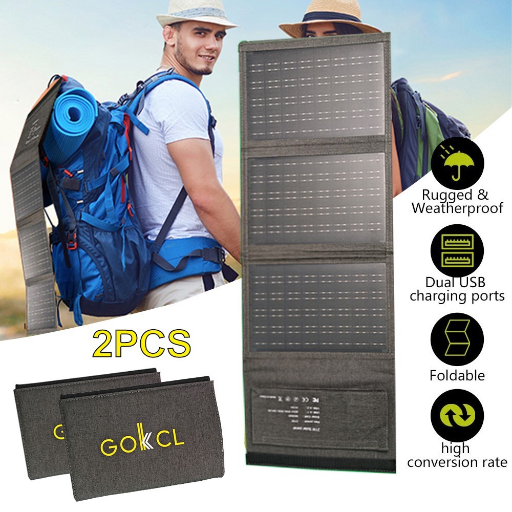 2pcs USB Solar Panel Folding Power Bank Outdoor Camping Hiking Phone Charger