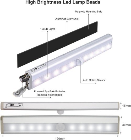Activated Step Lights, 10 LED Battery Operated Motion Sensor Light Strip, Magnet